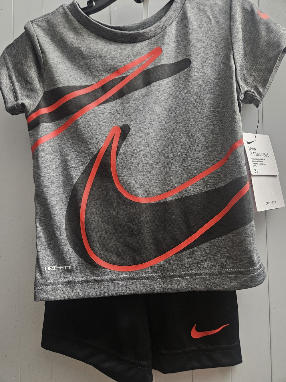 Nike Grey Shirt & Black Shorts Set with Red Accent Swoosh